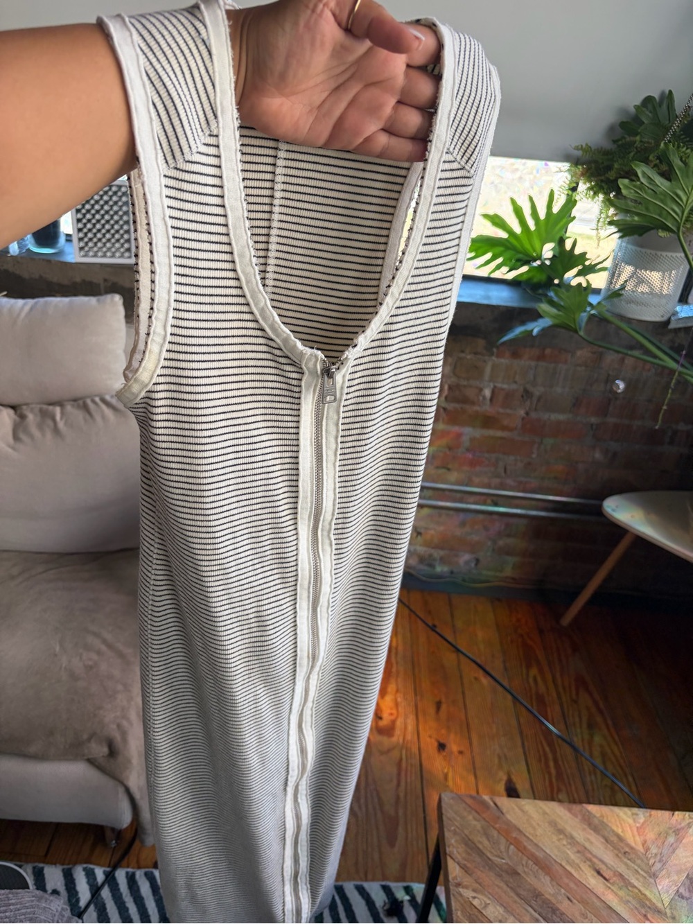 AllSaints Alca Striped Ribbed Zip Front Midi Dress White Black US 0 runs big .